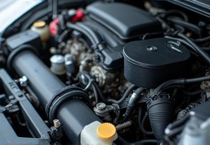 Close-up view of a car engine bay with components labeled